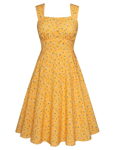 Belle Poque Damen Kleid Quadratischer Ausschnitt ärmellose A-Linie Midi Partykleid Sommer lässig fließend Swing Sonnenkleid von Belle Poque