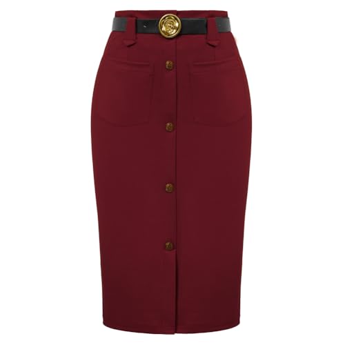 Belle Poque Damen Knielang Skirt Festliche Röcke mit Gürtel Bleistiftrock Weihnachten Dunkelrot Gerader Rock BP0782A23-04_00M von Belle Poque