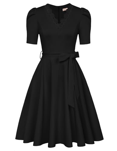 Belle Poque Damen Elegantes Hochzeitsgast Kleid Definierte Taille Spitze V-Ausschnitt Slim Fit Arbeitskleid Goth Dress Schwarz BP0876-01 S von Belle Poque