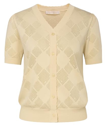 Belle Poque Damen Kurzarm Strickjacke Ausgehöhlte V-Ausschnitt Button-up Strickwaren von Belle Poque