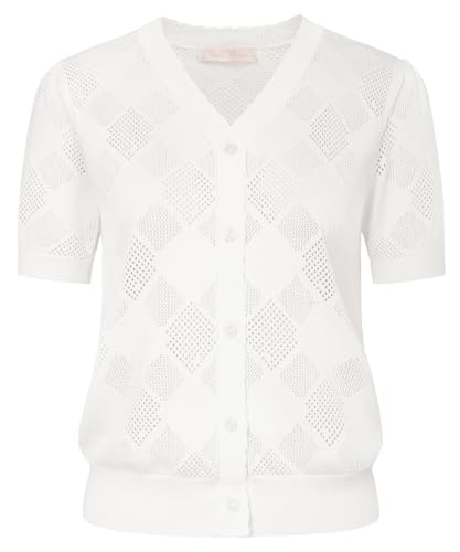 Belle Poque Damen Kurzarm Strickjacke Ausgehöhlte V-Ausschnitt Button-up Strickwaren von Belle Poque