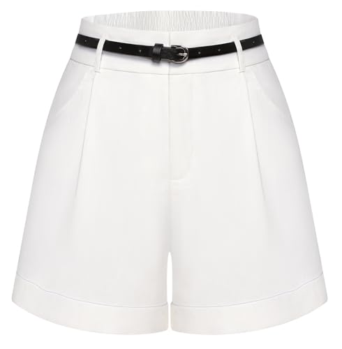Belle Poque Damen Lässige Shorts Baumwollshorts Hohe Taille mit Gürtel Elastischer Bund Aufklappbare Bündchen Sommerhosen Relaxed A-Line Fit Atmungsaktive Unterhosen Weiß XXL von Belle Poque