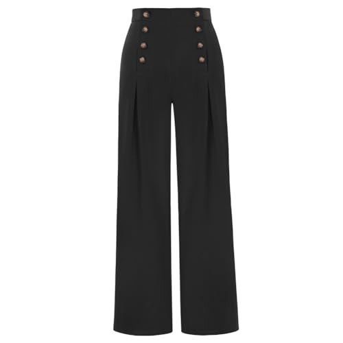 Belle Poque Damen Lang Freizeithose High Waist Weite Hose mit Knöpfe Schwarz XL von Belle Poque