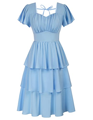 Belle Poque Damen Langarm-Kleid mit quadratischem Ausschnitt und gesmoktem Babydoll-Kleid, Schweizer Punkte, Chiffon, Herbst-A-Linie, Swing-Kleid, Hell, blau, Groß von Belle Poque