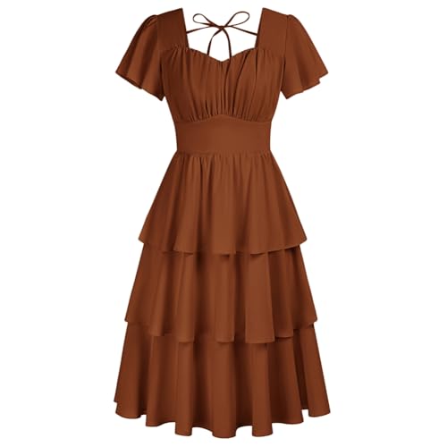 Belle Poque Damen Lotusblatt-Kurzarm-Chiffonkleid mit A-Saum und Herzkragen Braun (131# Dunkelbraun) L von Belle Poque