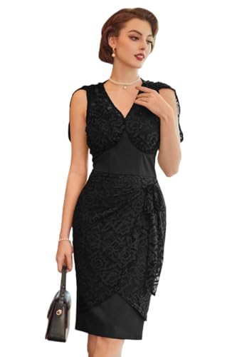 Belle Poque Damen Midi Ärmellos Kleider Festliche Kleider für Hochzeit Spitze Kleider Ärmellos Spitzenkleid Patchwork Bleistiftkleider mit V-Ausschnitte Schwarz XL BP0884S24-01 von Belle Poque