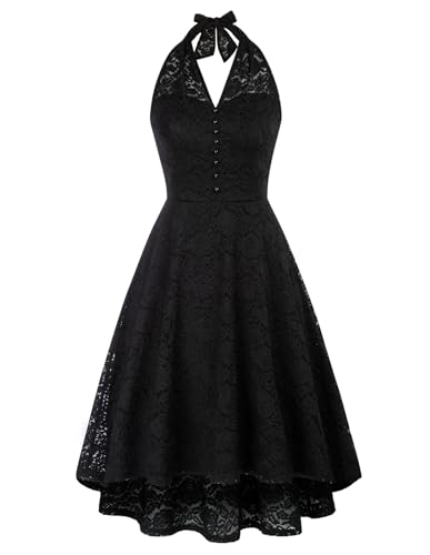 Belle Poque Damen Neckholder Spitzenkleid V-Ausschnitt Ärmellos Cocktailkleid Rockabilly Festlich Abendkleid Hochzeit Schwarz M von Belle Poque