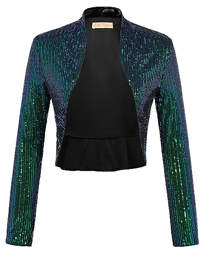 Belle Poque Damen Paillettenjacke Langärmelig Vorne Offen Party Cropped Cardigan zuckt mit den Schultern von Belle Poque