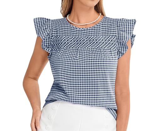 Belle Poque Damen Plaid Hemdbluse FrüHling LäSsig Leicht Falten Blusenshirt Marineblau und Weiß XXL von Belle Poque