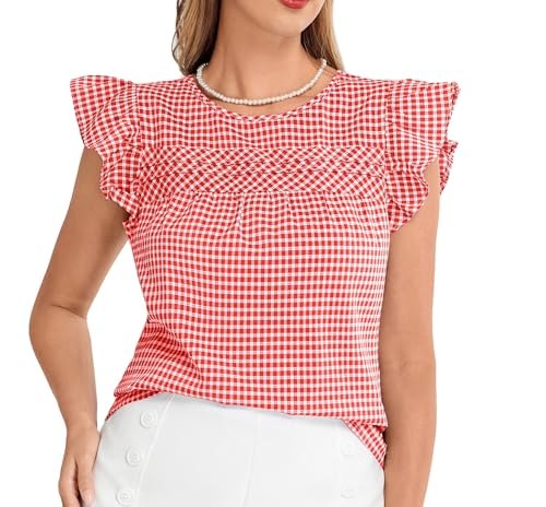 Belle Poque Damen Plaid Hemdbluse FrüHling LäSsig Leicht Falten Blusenshirt Rot und Weiß XXL von Belle Poque