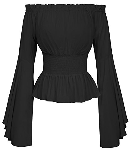 Belle Poque Damen Renaissance Gothic Bluse Glockenärmel Rüschen Schulterfrei Boho Korsett Top, Schwarz, Mittel von Belle Poque