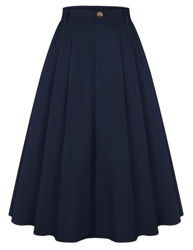 Belle Poque Damen Retro AlinIe Rock Midi Basic Plisseerock für Arbeit Frühling Sommer Herbst Winter Outfits Marineblau S von Belle Poque