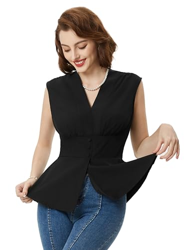 Belle Poque Damen Retro Bluse Ärmellos V-Ausschnitt Tank Top Basic Oberteile Elegant Top Blusenshirt Sommer XXL von Belle Poque