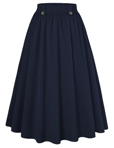 Belle Poque Damen Retro Swing Rock Midi Länge Hohe Taille A Line Swing Faltenrock für Lehrer Frühling Sommer Herbst Trendy Marineblau S von Belle Poque