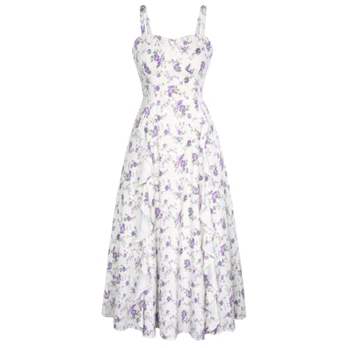 Belle Poque Damen-Rückseite Lotusblatt-Dekoration Strapshalter A-Saum-Kleid weißer Hintergrund und lila Blumen # L von Belle Poque