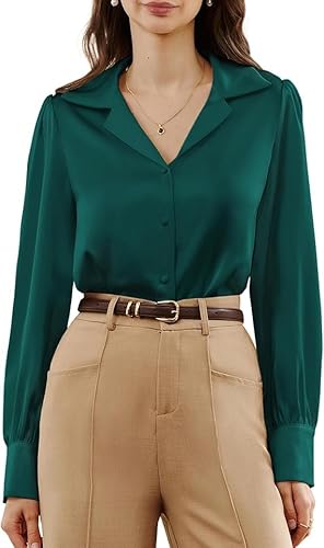 Belle Poque Damen Satin Seide Hemden Langarm V-Ausschnitt Button Down Arbeit Büro Bluse Elegante Hemden von Belle Poque