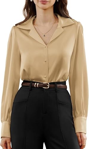 Belle Poque Damen Satin Seide Hemden Langarm V-Ausschnitt Button Down Arbeit Büro Bluse Elegante Hemden von Belle Poque