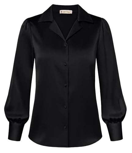 Belle Poque Damen Satin Seide Hemden Langarm V-Ausschnitt Button Down Arbeit Büro Bluse Elegante Hemden von Belle Poque