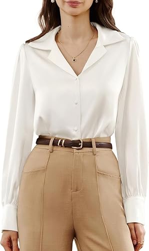 Belle Poque Damen Satin Seide Hemden Langarm V-Ausschnitt Button Down Arbeit Büro Bluse Elegante Hemden von Belle Poque