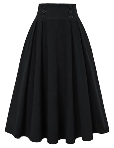 Belle Poque Damen Schwarzer Cordrock Hochgezogene A-Linie Röcke mit Taschen Midi Länge Schwarz BP0859-01 XL von Belle Poque