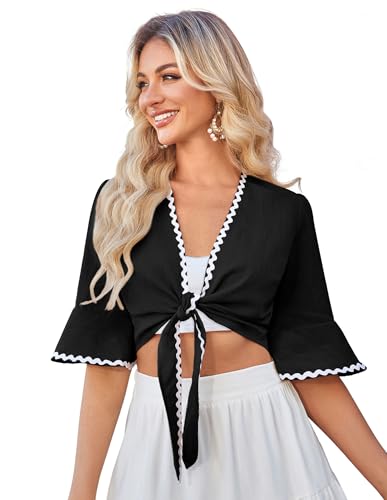 Belle Poque Damen Sommer Cardigan 3/4 Ärmel Chiffon Kurz Festlich Schulterjacke Schwarz XXL von Belle Poque