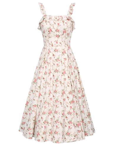 Belle Poque Damen Sommer Floral Kleid Spaghetti-Träger Quadratischer Ausschnitt A-Linie Midi Kleid für den Täglichen BP0922-01 L von Belle Poque