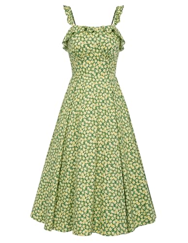 Belle Poque Damen Sommer Midi Sonnenkleider Spaghetti Strap Floral Kleid Flowy Tea Party Urlaubskleid mit Schlitz Grün Floral BP0922-02 XXL von Belle Poque