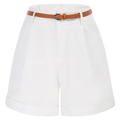 Belle Poque Damen Sommer Shorts mit Gürtel Stretch Kurze Hosen Casual Shorts Retro 50s Shorts Weiß M von Belle Poque