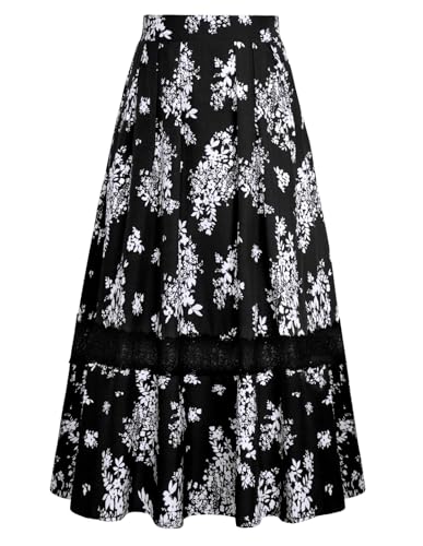 Belle Poque Damen Sommerrock Boho Lightweight Flowy Plisseerock mit Tasche Schwarz-Weiß Blumen XL von Belle Poque