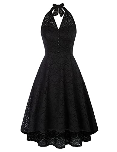 Belle Poque Damen Partykleid Elegant Neckholder Spizenkleid Vintage Festlich Cocktailkleid Abendkleid Schwarz S von Belle Poque