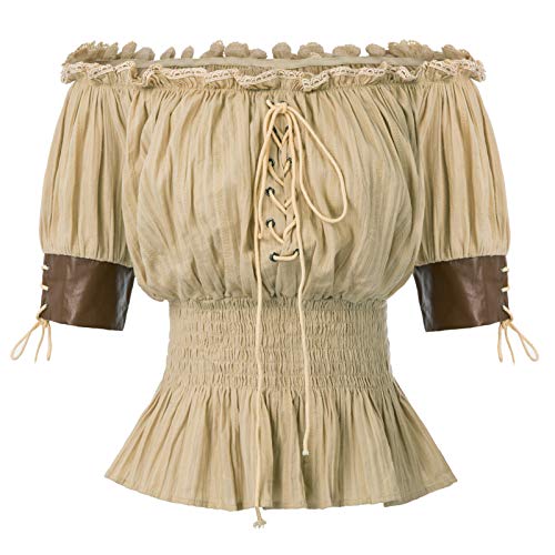 Belle Poque Damen Steampunk Victorian Halbarm Boho Schulterfrei Bauer Tops XX-Large Khaki von Belle Poque