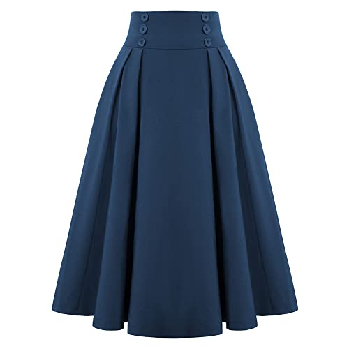 Belle Poque Damen Stretch High Waist A-Linie Flared Midi Röcke mit Taschen Marineblau#2150 S von Belle Poque