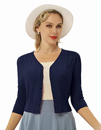 Belle Poque Damen Strickjacke Kurz 3/4 Arm V-Ausschnitt Knopfleiste Basic Vintage Cardigan Dunkelblau XL von Belle Poque