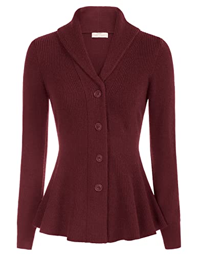 Belle Poque Damen Strickjacke Langarm Strickcardigan mit Knöpfen Casual Elegant Reverskragen Rüschensaum Weinrot XL von Belle Poque