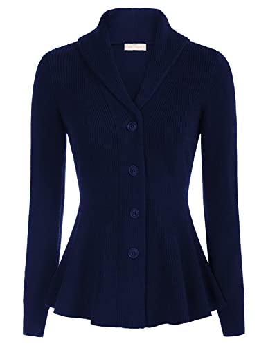 Belle Poque Damen Strickjacke Langarm mit Knopf Strickmantel Reverskragen Rüschensaum Herbst Winter Casual Marineblau XL von Belle Poque