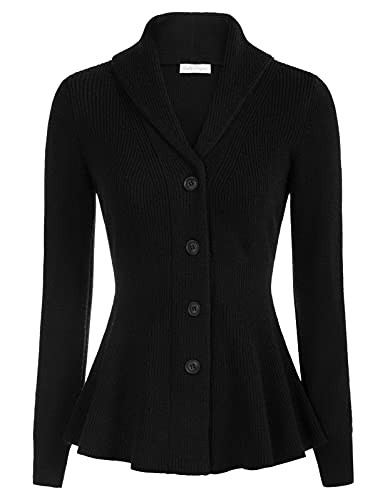 Belle Poque Damen Strickjacke Retro Modisch Langarm Reverskragen Knopfleiste Rüschensaum Strickcardigan Schwarz M von Belle Poque