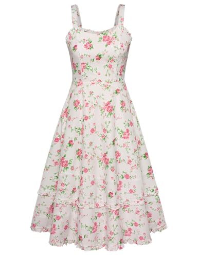 Belle Poque Damen Trägerkleid Frühling Retro Ärmellos Spaghettiträger Lang Kleid Rosa Blumen XL von Belle Poque