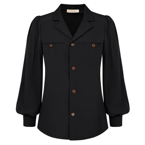 Belle Poque Damen V-Ausschnitt Retro Bluse 50er Jahre Langarm Oberteil Schwarz S von Belle Poque