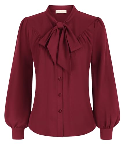 Belle Poque Damen Viktorianische Bluse Vintage Stehkragen Langarm Schleifenhemd Rot XL von Belle Poque