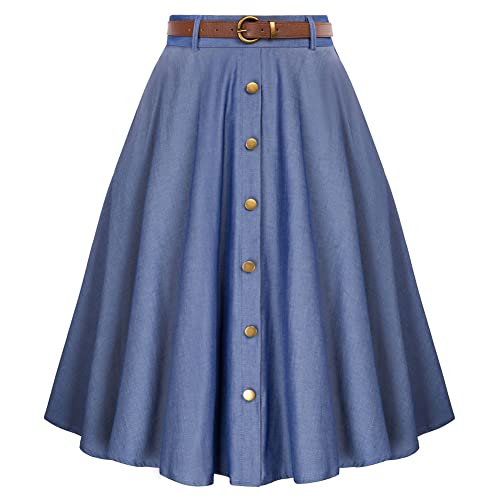 Belle Poque Damen Vintage A-Linie Rock mit Taschen Hohe Taille Midi Denim Rock mit Gürtel BP0652-01 L von Belle Poque