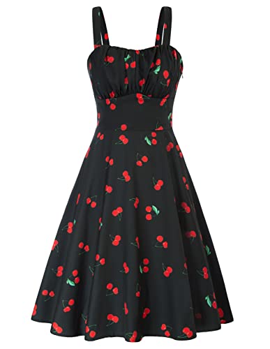 Belle Poque Damen-Midikleid, Vintage, ärmellos, einfarbig, Blumenmuster, gerüscht, Sommer, niedlich, A-Linie, fließend, schwingend, Schwarz (Black Cherry), X-Groß von Belle Poque