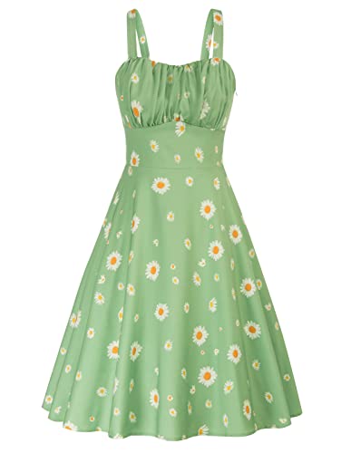 Belle Poque Damen Vintage Ärmellos Solid Floral Gerafft Sommer A-Linie Flowy Swing Midi Strandkleid, Salbeigrüner Gänseblümchen, X-Groß von Belle Poque