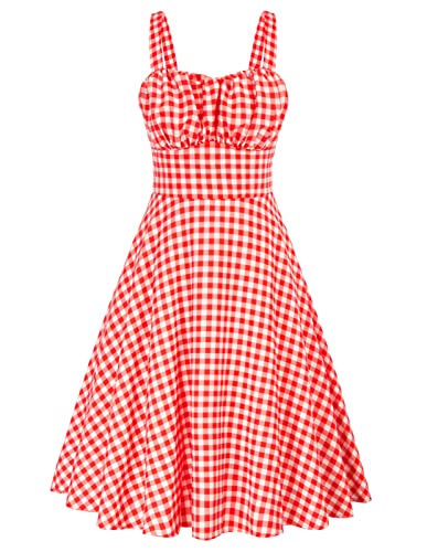 Belle Poque Damen Vintage Ärmellos Solid Floral Rüschen Sommer Cute A-Linie Flowy Swing Midi Kleid, Rot und Weiß kariert, Klein von Belle Poque