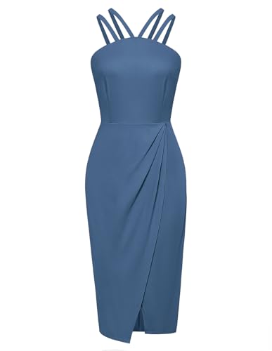 Belle Poque Damen Vintage Bleistiftkleid Business Elegant Ärmellos Etuikleid mit Schlitz Bleistiftkleid Partykleid Sommer Blau XXL von Belle Poque