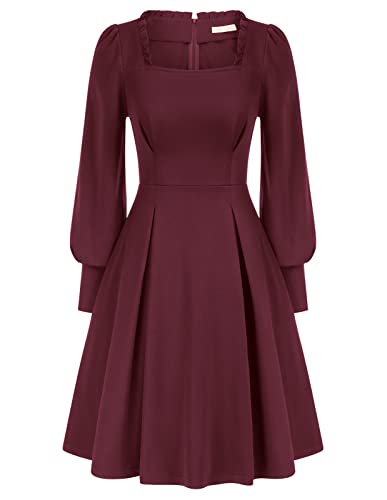 Damen Mittelalter Kleider A-Linie Langarm Quadratischer Ausschnitt Rockabilly Festlich Cocktailkleid Rotwein L von Belle Poque