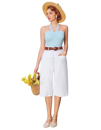 Belle Poque Damen Vintage Freizeithose Cropped Hose Elastische Taille Hose Elegante Capri Hose mit Gürtel Casual Hose Weiß L BP0907S24-01 von Belle Poque