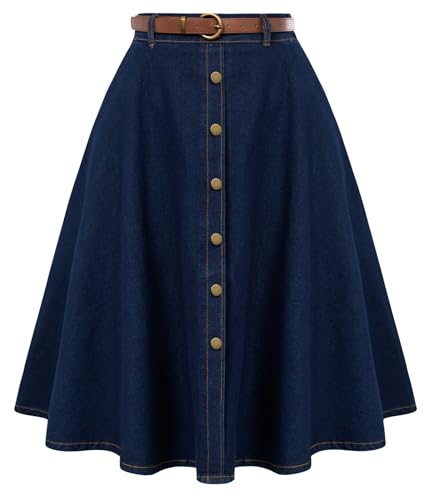 Belle Poque Damen Vintage Jeansrock mit Gürtel Elastische hohe Taille A-Linie Midi Rock von Belle Poque