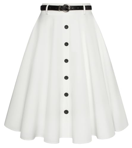 Belle Poque Damen Vintage Röcke Stretch Hohe Taille A-Linie Midi Röcke mit Taschen & Gürtel Weiß 2XL von Belle Poque