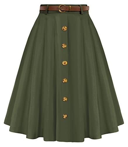 Belle Poque Damen Vintage Röcke Stretch Hohe Taille A-Linie Midi Röcke mit Taschen & Gürtel von Belle Poque