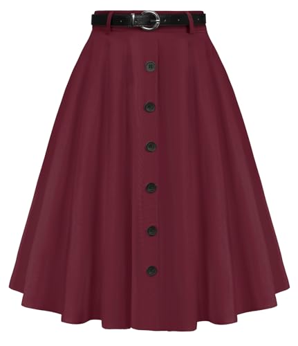 Belle Poque Damen Vintage Röcke Stretch Hohe Taille A-Linie Midi Röcke mit Taschen & Gürtel von Belle Poque
